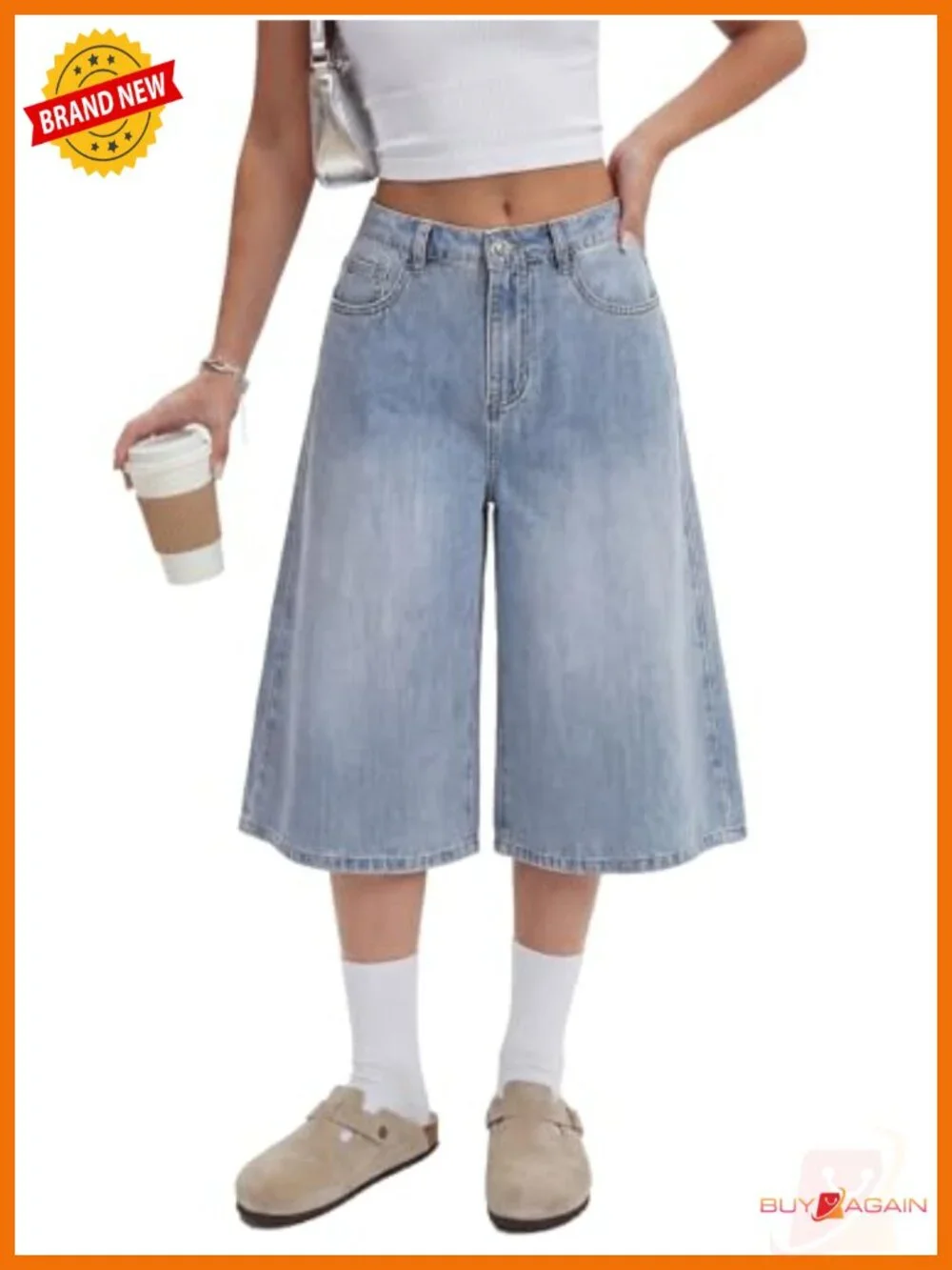 Women's Low Rise Wide Leg Baggy Denim Bermuda Shorts with Pockets